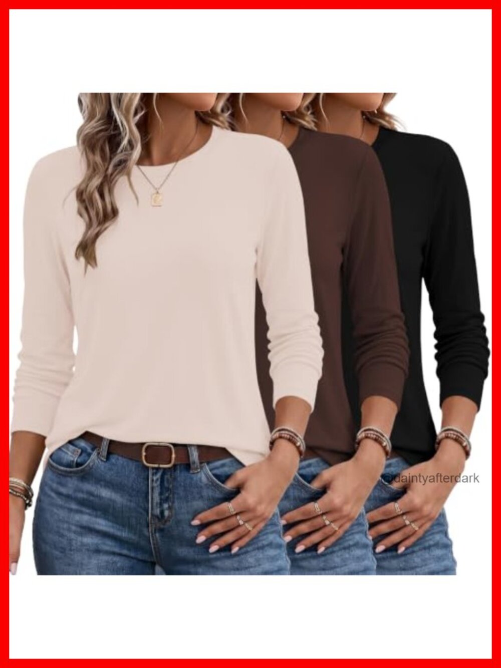 Womens Long Sleeve Crew Neck T-Shirt 3 Pack Polyester Spandex Basic Casual Tops